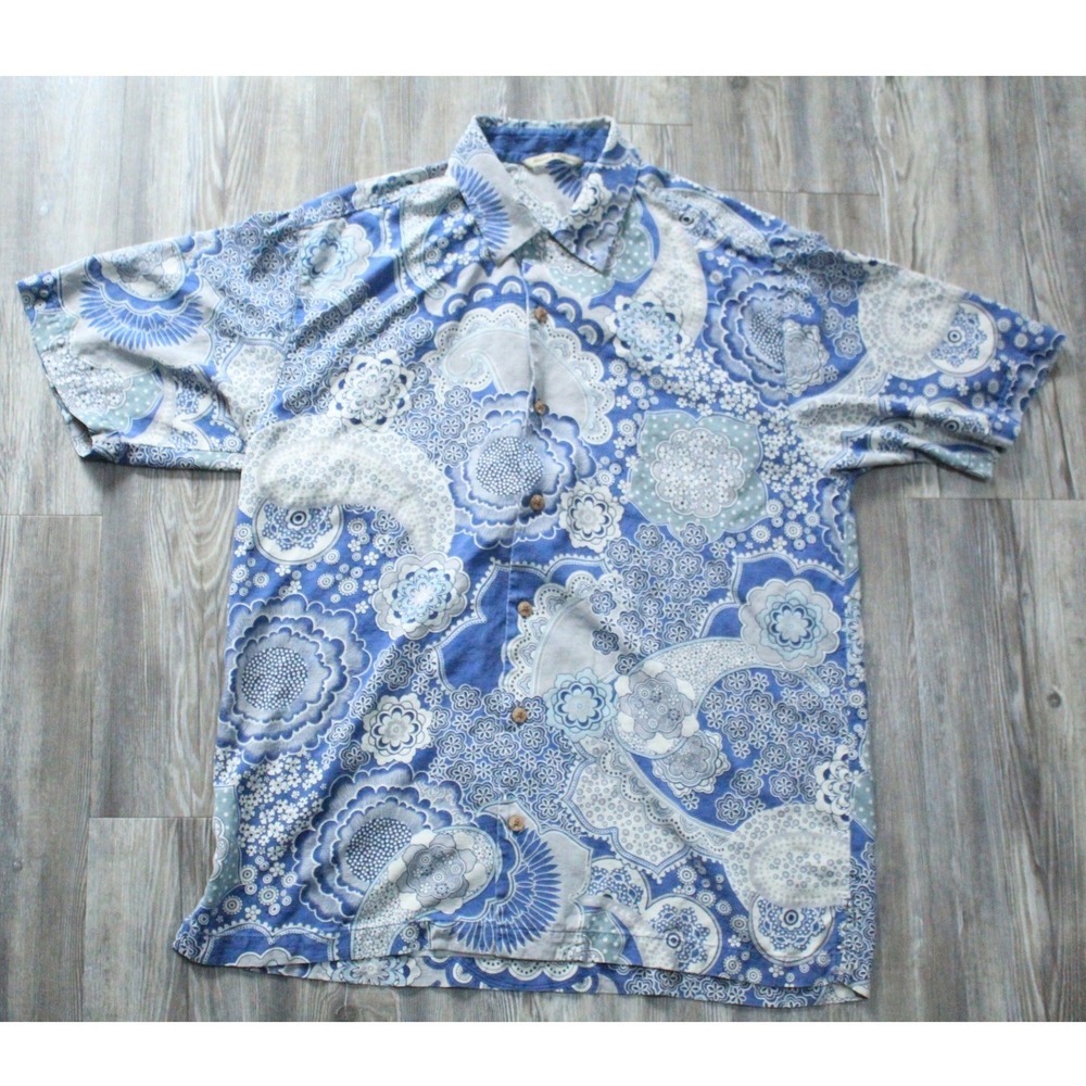 Tommy Bahama Mens Blue White Paisley Floral 100% Silk Short Sleeve Shirt Medium